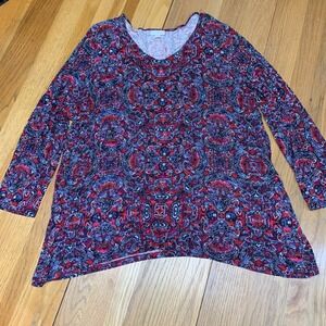 J. Jill Womens Size XL Paisley Sharkbite Hem Tunic V-Neck Long Sleeve Red Blue